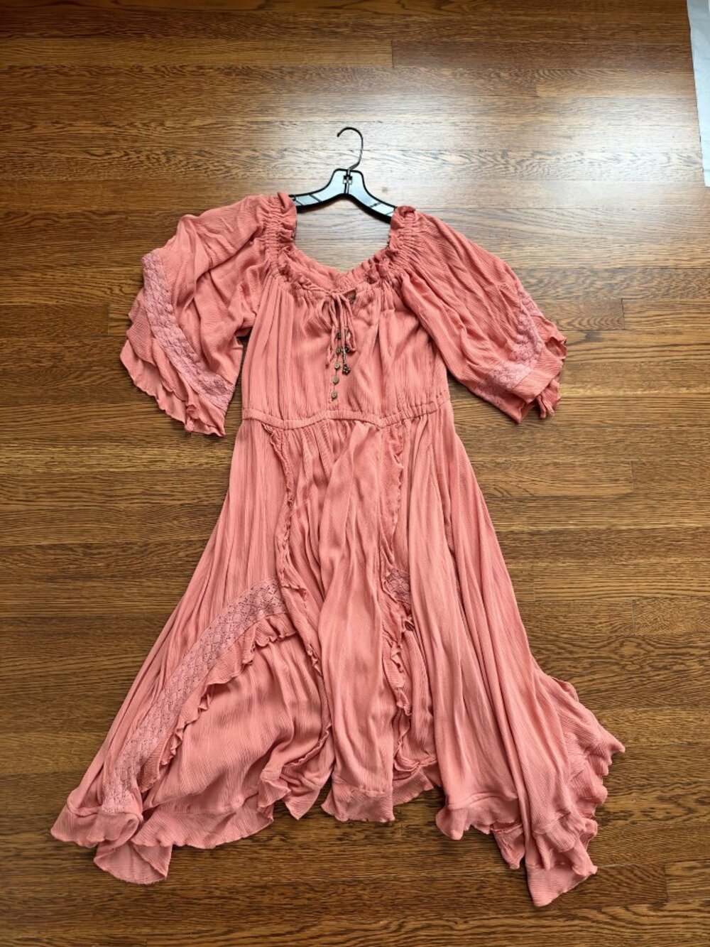 Free People Coral Pink Boho Peasant Dress Smocked Off Shoulder Size XS